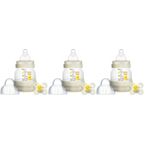 Mam Anti-Colic 4.5-Ounce Bottle with Pacifier Set, Teddy Bear, 0-2 Months (3 Sets)