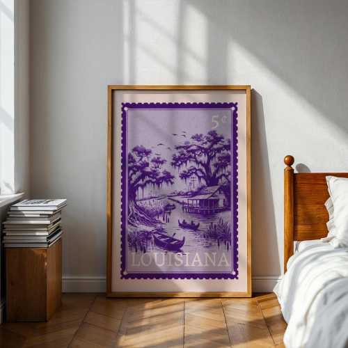 Louisiana Bayou Stamp Art Print: Vintage Swamp Landscape Poster (Digital Download)