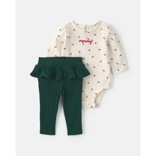Baby Girl 2-Piece 'Merry' Long-Sleeve Bodysuit & Pant Set - Cream/Green | Carter's