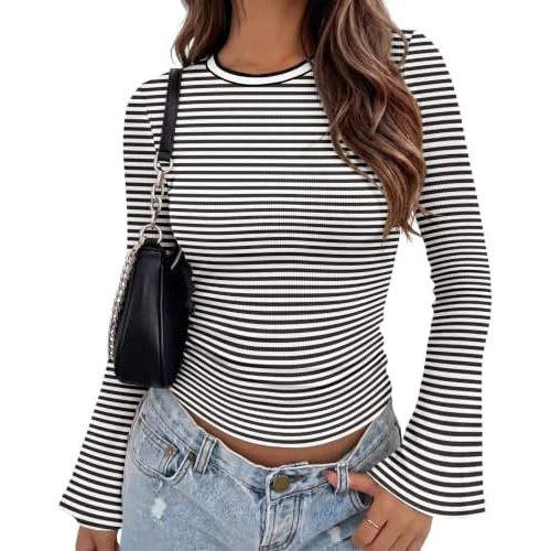 Zeagoo Womens Bell Long Sleeve Tops Crewneck Ribbed Knit Shirts