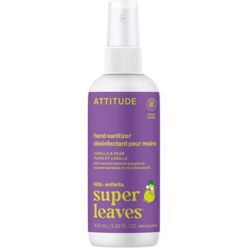 ATTITUDE Hand Sanitizer Spray for Kids & Adults, Made in Canada, EWG Verified, Travel Size, Dermatologically Tested, Plant and Mineral Based, Vegan, Vanilla & Pear, 100 mL (Spray Bottle)