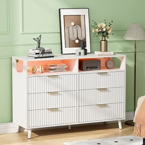 VINGLI Fluted White Dresser, Led Dresser 6 Drawer, White Wood Bedroom Dressers TV Stand, Modern, 47" W*15.75" D*33" H