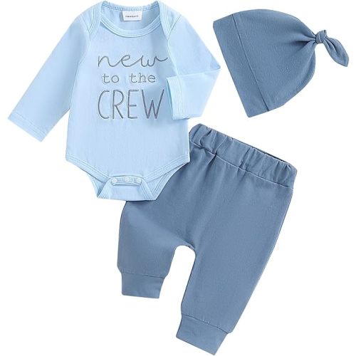 Twopumpkin Newborn Baby Boy Clothes Outfits Short Sleeve Romper Bodysuit Cotton Pants and Hat Coming Home Outfit (Long Embroidered New to the Crew Light Deep Blue,Newborn)