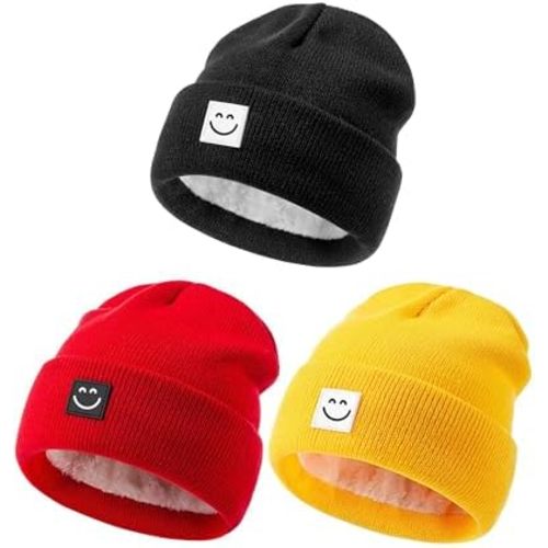 Baby Beanie Hat 3 Packs with Cute Smiley Face, Toddler Girls Boys Baby Hats Winter, Kids Winter Hat Cold Weather