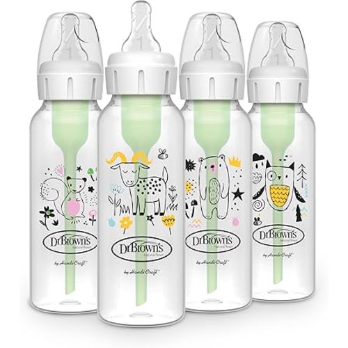 Dr. Brown's Natural Flow Anti-Colic Options+ Narrow Baby Bottle, 8 oz/250 mL, with Level 1 Slow Flow Nipple, BPA Free, 0m+, Squirrel, Goat, Bear, Owl, 4-Pack