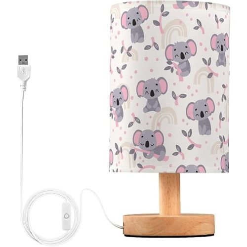 Table Lamp Cute Koala Eucalyptus Branch Scandinavian Pattern Nightstand Lamp with Wood Base Fabric Lamp Shade Bedside Desk Lamp for Living Room Bedroom Kids Room Office