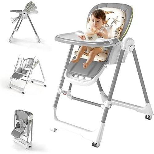 High Chairs for Babies and Toddlers, Foldable High Chair with Lockable Wheels, 4-in-1 Convertible, Adjustable Reclining Seat with Leg Rest & 5-Point Harness, Soft Cushion, Portable When Folded, Gray
