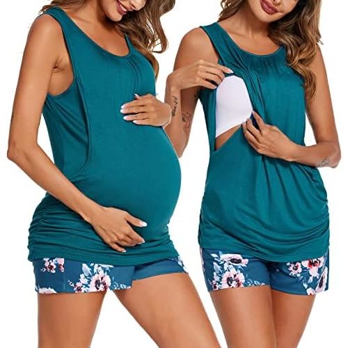 Ekouaer Women Maternity Nursing Pajama Set Breastfeeding Double Layer Pregnancy Pjs Set Sleeveless Top & Shorts with Pockets
