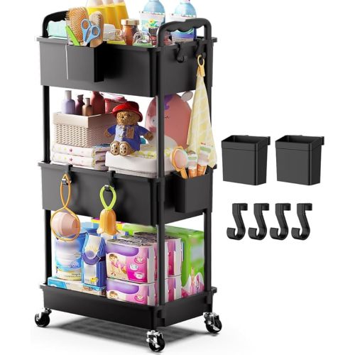 Diaper Cart with Lockable Wheels and Easy Assembly, 3 Tier Black