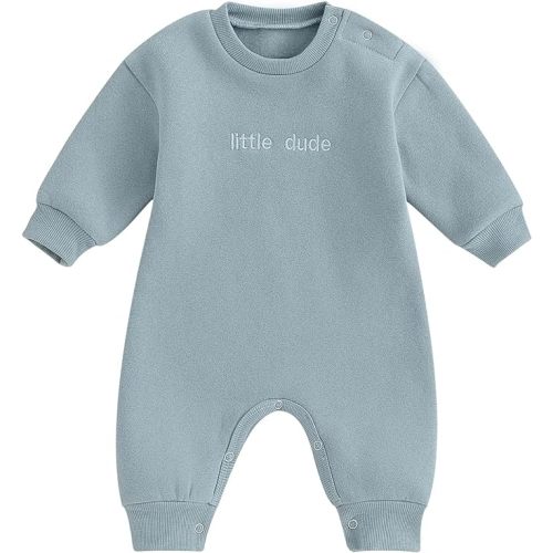 allshope Newborn Baby Boy Fall Outfit Romper Little Dude Embroidery Long Sleeve Jumpsuit Bodysuit Infant Winter Clothes