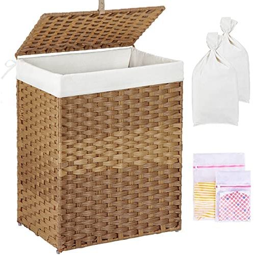GREENSTELL Laundry Hamper with Lid, 90L Clothes Hamper with 2 Removable Liner Bags & 2 Mesh Laundry Bags, Handwoven Synthetic Rattan Laundry Basket for Clothes, Toys in Bathroom, Bedroom Natural