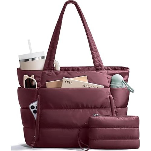 Puffer Tote Bag for Women, Lightweight Puffy Work Handbag Teacher Nurse Quilted Shoulder Bag for School Travel Gym