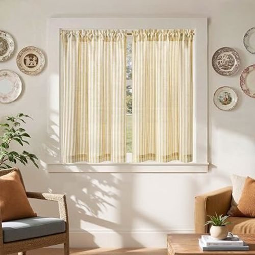 jinchan Striped Linen Kitchen Tier Curtains, 45 Inch, Yellow, 2 Panels
