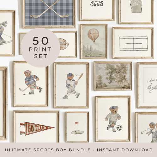 Boys Sports Wall Art Bundle of 50 Print Retro Athletic Print Vintage Boy Nursery Decor Baseball Poster Sport Boy Room Art Boy Playroom Decor
