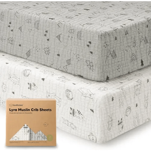 KeaBabies 2-Pack Muslin Crib Sheets for Boys, Girls - 100% Organic Cotton Fitted Baby Crib Mattress Sheet, Soft Breathable Standard Toddler Bed Cover Bedding Set, Neutral, Durable 52x28 (Woodland)