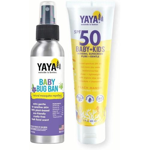 YAYA Organics Sun + Protection Bundle for Baby + Kids | Reef-Friendly SPF 50 Mineral Sunscreen and Deet-Free Bug Ban Natural Repellent Spray | Pure and Gentle | 3 oz / 4 oz