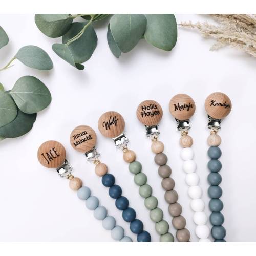 Personalized Pacifier Clip | Silicone and Muslin Paci Holder | Custom Baby Gifts with Engraved Wood | Daycare Name Accessory