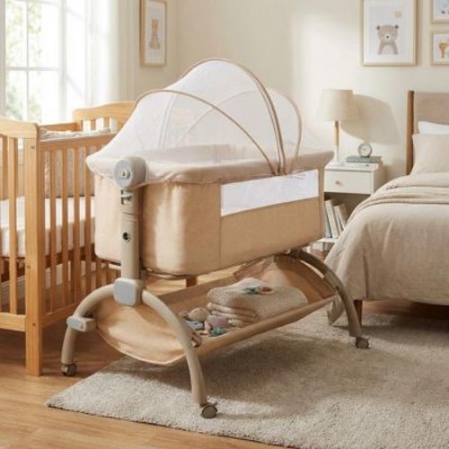 COZONY 3-in-1 Baby Bedside Crib, Adjustable Height, Breathable Mesh w/ Wheels, Khaki