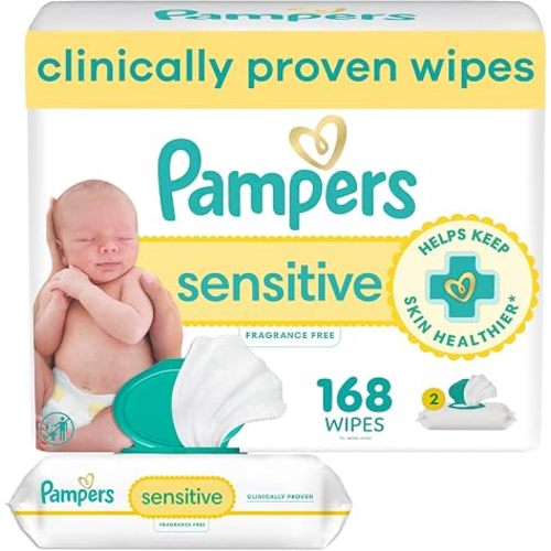 Pampers Sensitive Baby Wipes, Clinically Proven, Fragrance Free, Unscented, Water Based, Hypoallergenic, Multi-Use, Hand Wipes 336 Wipes Total (6X Flip-Top Packs) [Packaging May Vary]