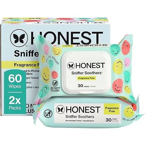 The Honest Company Plant-Based Snot Removing Wipes | Soothing Nose + Face Wipes with Aloe | Hypoallergenic for Sensitive Skin, EWG Verified | Fragrance Free, 60 Count