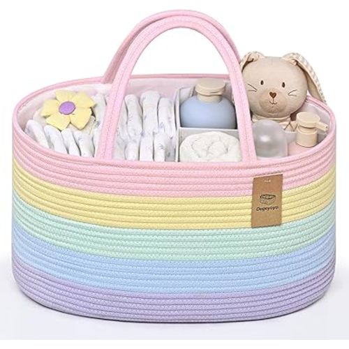 Baby Diaper Caddy Organizer, Cotton Rope Diaper Basket, Baby Basket for Changing Table, Nursery, Car, Changing Table Storage Bin With Removable Divider, Baby Shower Gifts for Newborn, Baby Essentials