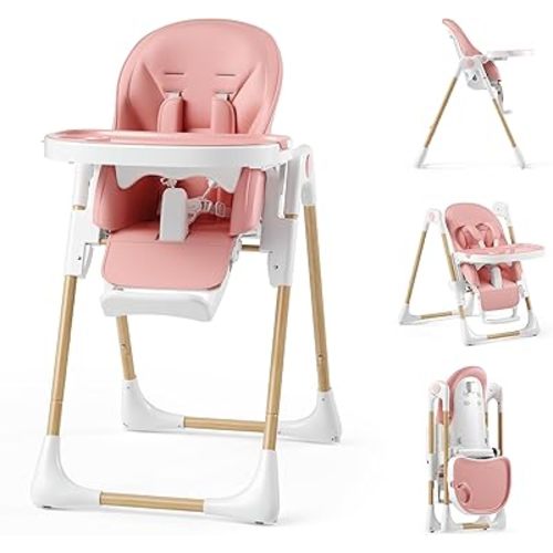 Kinder King Convertible High Chair for Babies & Toddlers, Adjustable Baby Feeding High Chair with Removable Double Tray, Simple Compact Fold for Space-Saving, 2 Built-in Wheels, Easy to Clean