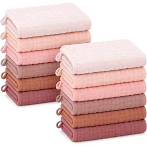 SWEET DOLPHIN 12 Pack Baby Muslin Washcloths - Face Cloths for Newborn, Absorbent Bath Wash Cloths, Wipes, Burp Rag - Toddlers Essentials Stuff, Baby Registry as Shower -10"x10", Dewy Petal