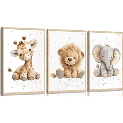 3Pcs Kids Room Wall Art Cute Animal Wall Decor Prints Boy Girls Room Pictures Giraffe Lion And Elephant Painting Artwork for Baby Room Nursery Decoration 12x16in