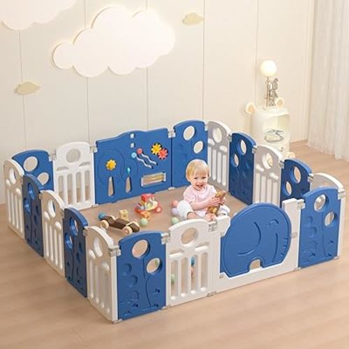 Baby Playpen,for Kids and Toddlers,Kids Activity Centre Safety Play Yard,Indoor&Outdoor Pattern Baby Fence with Game Panel, Safety Lock, Non-Slip Bases, Adjustable Shape,18 Panels