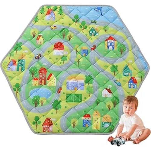 HOMBYS Hexagon Playpen Mat, 52x45 Thicken Soft Playpen Mat Fits Hexagon Portable Play Yard & Playpen, Washable Baby Play Mat Non-Slip Mat for Toddler Kids Crawling & Play, Road & Car Pattern