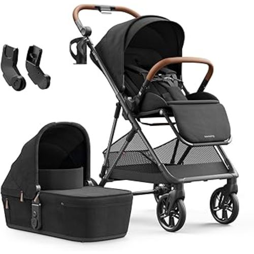 MAMAZING Air Lux Baby Stroller with Bassinet & Infant Car Seat Adapter, Lightweight Compact Carbon Fiber Frame, One-Hand Fold, Reversible Seat, Space-Saving Storage