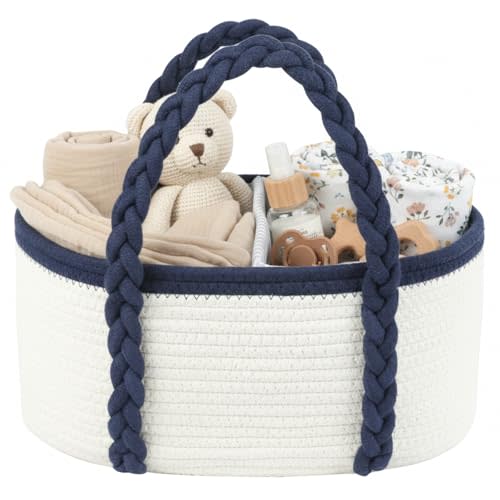 Baby Diaper Caddy, Portable Diaper Organizer for Changing Table, Car Travel Baby Shower Gifts Newborn Essentials, Cotton Rope Nursery Storage Basket for Boys (White＆Navy Blue)