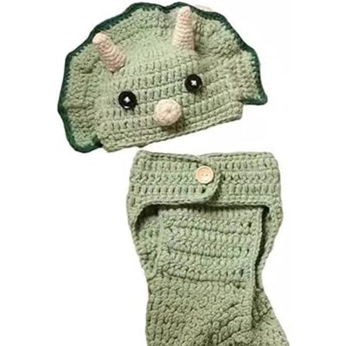 2Pcs/Set Adorable Newborns Photo Props Cute Dinosaur Costume Pants & Matching Hat for Baby Photography Shoot Outfit Yarn