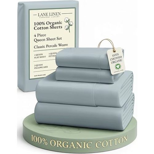 LANE LINEN 100% Organic Cotton Eco Friendly Sustainably Produced Queen Sheets Set, Low Pill Fade Resistant Machine Wash Fully Elasticized Cotton Bedding Queen Set- French Blue