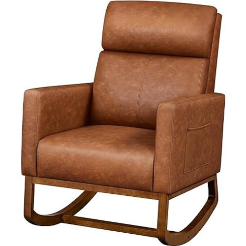 Topeakmart Nursery Rocking Chair, PU Leather Modern Accent Chair with Wood Legs Side Pocket Armchair Glider Rocker for Nursery Living Room Bedroom Lounge, Brown