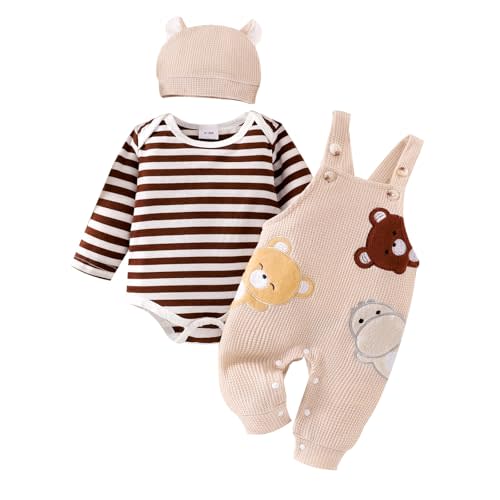 FOCICI Baby Boy Clothes Newborn Striped Romper Fall Outfits + Infant Cartoon Suspender Overall + Cute Hat 3 Pcs 0-18 Months