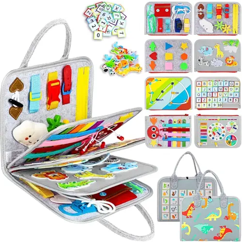 Esjay Toddler Busy Board Montessori Toys for Boys Girls, Sensory Book Educational Activities for Learning Fine Motor Skills, Birthday Gifts for Toddlers, Travel Toys for Airplane Car,Grey Dinosaur