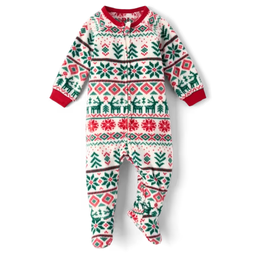 Baby And Toddler Matching Family Christmas Fairisle Dream Fleece Footed One Piece Pajamas - white