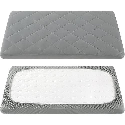 TILLYOU Pack and Play Sheet - Soft Quilted Crib Cover Pad, Toddlers Mattress Protector with 1''-3'' Deep Pocket, Thick Play Yard Playpen Sheets, Breathable Fluffy Crib Mattress Pad, 39"x27", Grey