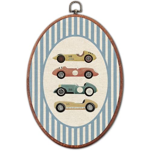 Vintage Four Classic Car Nursery Oval Wall Art Framed, Blue Striped Watercolor Vehicles Canvas Prints, Unique Car Decoration Hanging Wall Decor for Kids Toddler Room Bedroom Playroom, 8.6x11.4 Inch