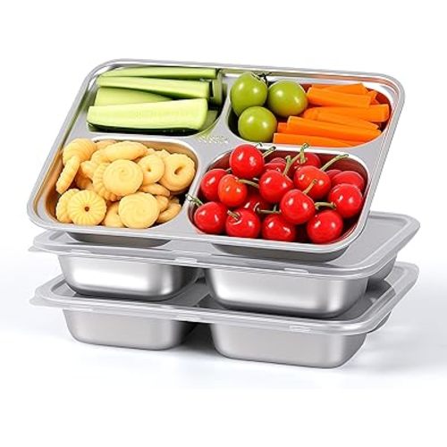 3-Pack Stainless Steel Snack Containers with Lids, 4-Compartment Bento Boxes, Reusable Meal Prep and Lunch Containers - Divided Food Storage Containers Ideal for Home and Travel