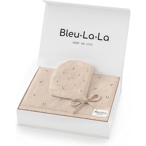 Bleu La La Baby Gift Set - Organic Cotton Newborn Blanket Essentials, Thoughtful Baby Shower & New Baby Gift for Boys & Girls (Pointelle - Oatmeal)