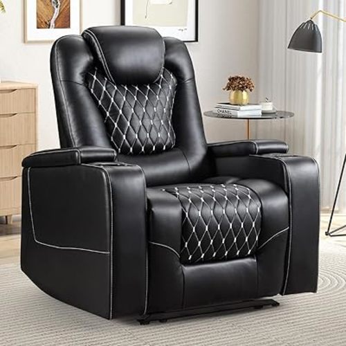 CANMOV Power Recliner Chair, Electric PU Leather Recliner with USB, Cup Holders & Hidden Arm Storage, Overstuffed Reclining Chair for Home Theater, Living Room, Bedroom, Black