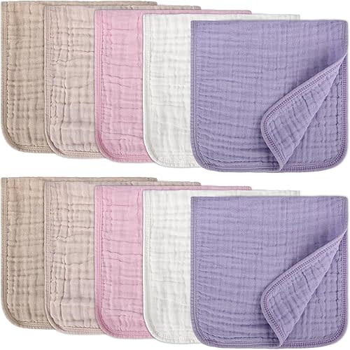 10 Pack Muslin Burp Cloths for Baby Girls 100% Cotton 20x10 Inch Popular Girl Colors Set Purple Pink Beige Brown White Soft Absorbent Newborn Infant Burping Cloths