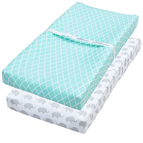 Jomolly Leakproof Changing Pad Covers, 2 Pack Mint & Elephant Fitted Cotton Table Sheets