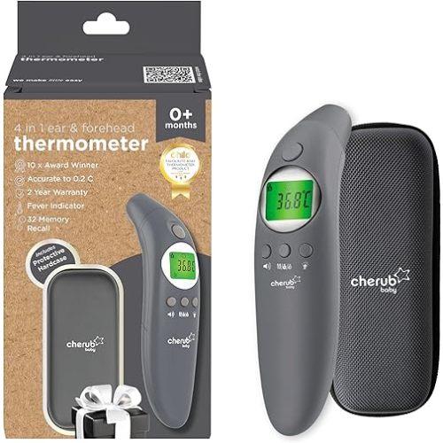 Cherub Baby 4-in-1 Ear and Forehead Thermometer | Digital Infrared Body Temperature Device for Baby, Infant & Family | No Probe Covers Needed | Night Mode Flashlight & Silent | TGA Listed