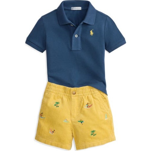 Cotton Piqué Polo & Polo Bear Corduroy Shorts Set, 6M