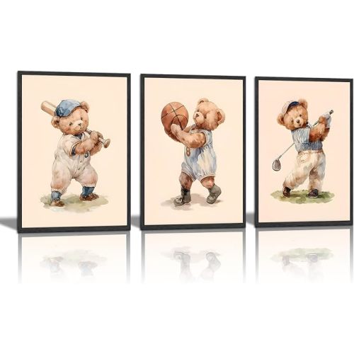 Teddy Bear Sports Nursery Animal Wall Art Cute Woodland Rugby Wall Decor Pictures Vintage Basketball Baseball Kids Room Canvas Poster Prints for Boys Room Bedroom Decorations Unframed(12x16in poster)