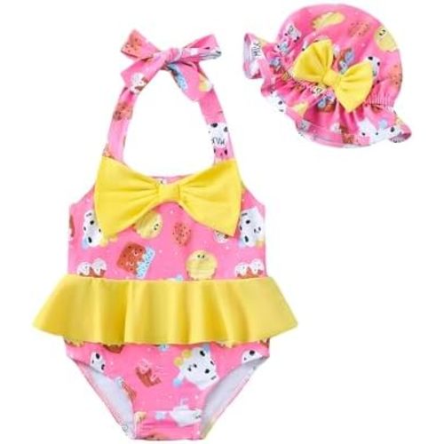 Kucnuzki Baby Girl Swimsuit Newborn One Piece Bathing Suit Bow Tie Bikini Tankini Infant Swimwear with Hat
