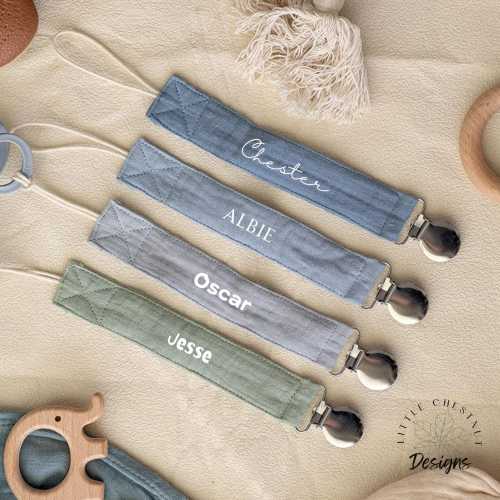 Personalized Baby Blue Dummy Clip: Organic Cotton Soother Holder Personalised